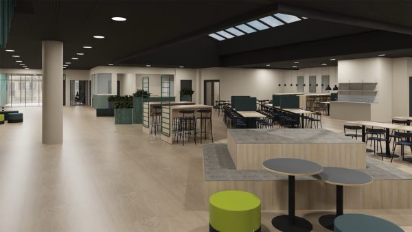 Rendering över samlingsyta med bord och stolar i skolans färger.