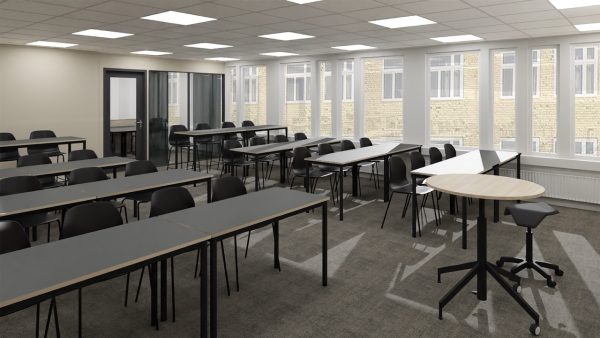 Rendering över ett klassrum med bord och stolar.